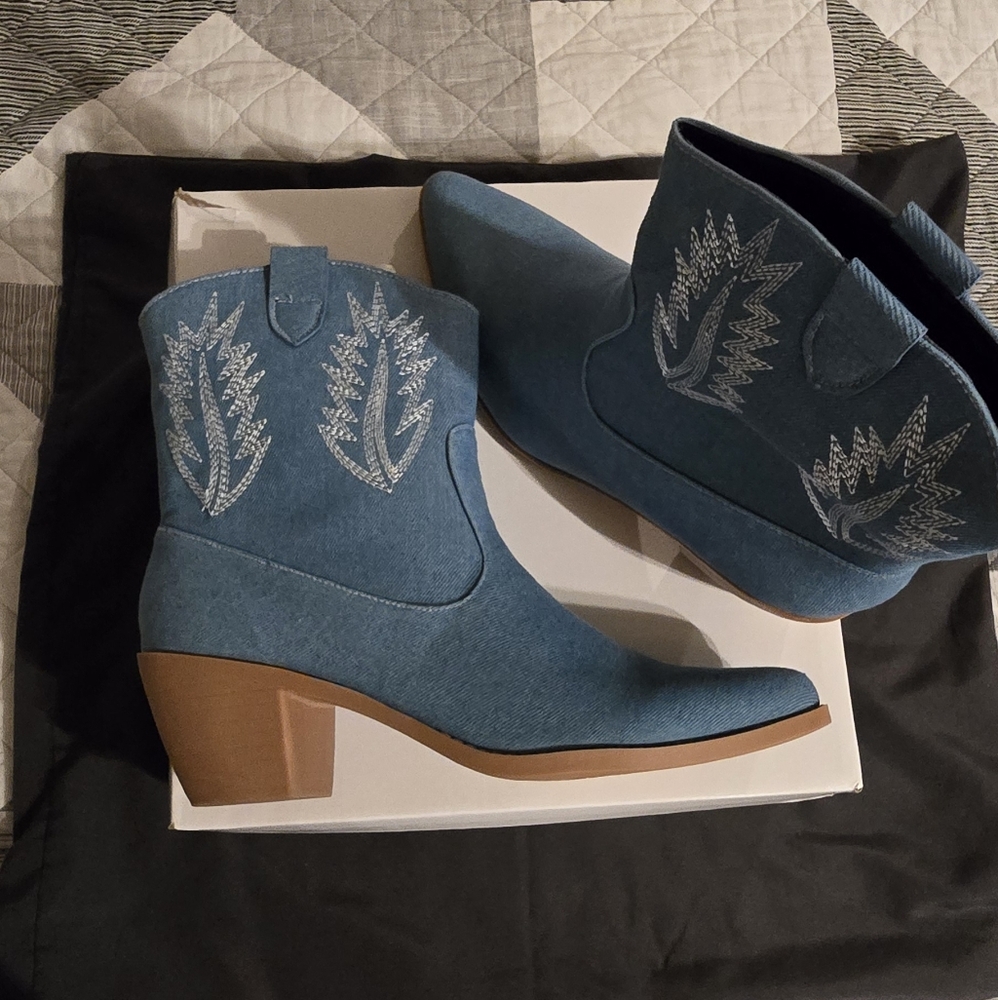 Blue Embroidered Western Ankle Boots